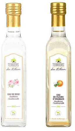 Set Acqua di Fiori d'Arancio & Acqua di Rose - Distillazione Artigianale - Senza Aromi Artificiali - Ideale per Dolci, Bevande e Frutta - Certificato Commercio Equo e Solidale - 2x25cl - Libano