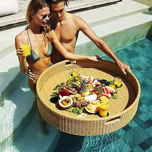 Bandejas flotantes redondas, bandeja tejida de ratán para servir, soporte para bebidas para fiestas en interiores y exteriores, piscina, playa, jacuzzi, Picnic ( Color : Beige , Size : 80*20cm )