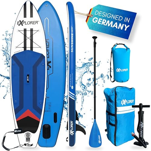 EXPLORER Sunshine SUP Fusion Stand Up Paddling Board bis 150kg Komplettset mit Alu-Paddel, Rucksack, Pumpe, Finne und Flickenset…