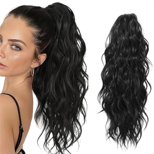 LINSIBEI Black Hair Claw Clip with Long Curly Wavy Ponytail Extensions - Drawstring Ponytail for Women - Natural Black (18'')