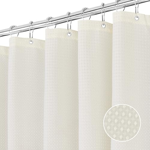 FIISAYL Waffel Duschvorhang Shower Curtains mit Magnet Waschbar Textil Polyester Stoff Bad Vorhang mit 12 Duschvorhangringe Wasserdicht für Dusche und Badewanne 90 x 198 cm(Creme)