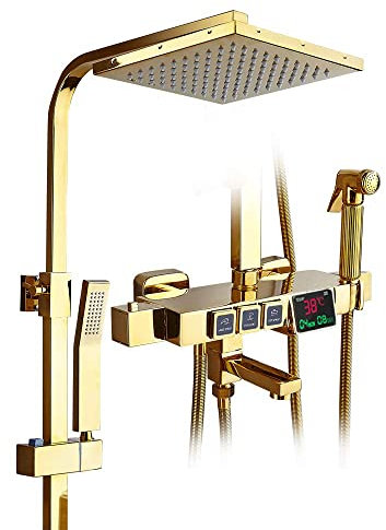 sjdoPulse Termostatico con Display Digitale,Miscelatore Doccia A Pioggia Dorato,Set Doccia A Parete con Soffione,Doccetta,Beccuccio per Vasca,Doccetta per Bidet