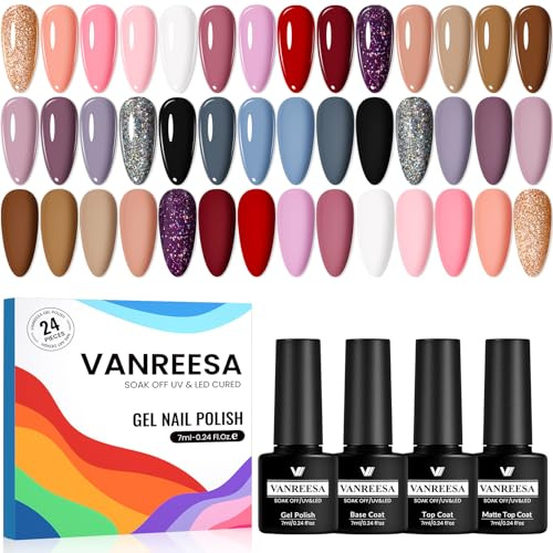 VANREESA Gel Nail Polish Set 21+3 Gel Polish Set Classic White Brown Purple Red Glitter Fall Winter Colours Soak Off UV Nail Polish Set Nail Varnish Kit Gifts for Women
