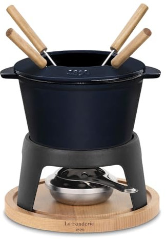 La Fonderie 1890 Service à Fondue en Fonte 4 Personnes Mont D'ARBOIS, pour Fondues au Fromage et au Chocolat, Couvercle antiéclaboussures, 4 Fourchettes avec Manches en Bois de hêtre, Capacité 1,2L