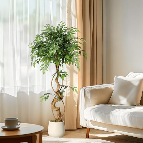 GarveeHome Ficus Artificial Tree with Curved Trunk，4 ft Faux Plant Fake Silk Trees with White Pot, Fake Ficus Tree for Home Decor, Artificial Plants Indoor for Indoor Office Living Room