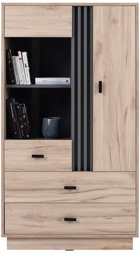 Lomadox Wohnzimmer Vitrine Wohnzimmerschrank Vitrinenschrank 80 cm breit in Eiche mit 2 Türen, 2 Schubladen
