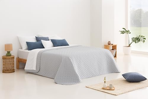 Todocama – Copriletto trapuntato sottile con motivo a stella per primavera, estate, autunno e inverno. 100% microfibra extra morbida. Copre letto multiuso. Letto da 105 a 200 x 260 cm, grigio chiaro