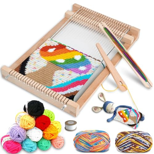Bibykivn Telaio per Tessitura in Legno, 29x19cm Set da Maglia per Bambini, DIY Telaio di Legno con Filato Colorato per Principianti e Bambini