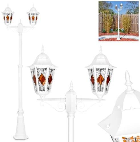 HOFSTEIN Kandelaber Hongkong, Außenwegeleuchte aus Metall/Glas in Weiß/Klar/Orange, Wegebeleuchtung 245 cm, 2 x E27, IP44, Wegeleuchte im Vintage-Design für Garten, Außenbereich, Hof