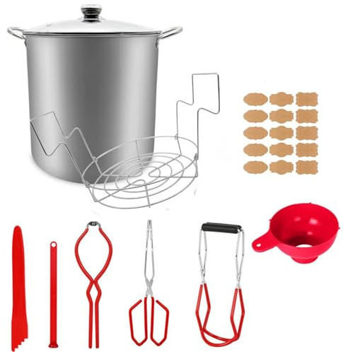 20 L Edelstahl-Einmachset mit Wasserbad, Gestell und Deckel – 9-teiliges Einmach-Set inkl. Glasheber, Einmachzange, 30 Etiketten (Komplettset für Einsteiger) (Rot-Ohne Flaschen)