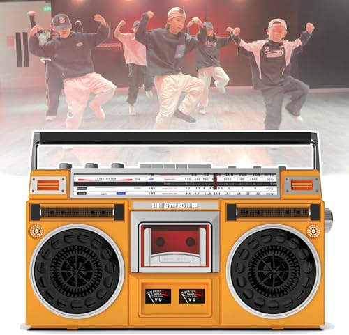 Boombox de casete portátil - Reproductor de CD retro clásico de los años 80 con radio AM/FM, entrada SD/USB y grabadora de casete para reuniones familiares y viajes