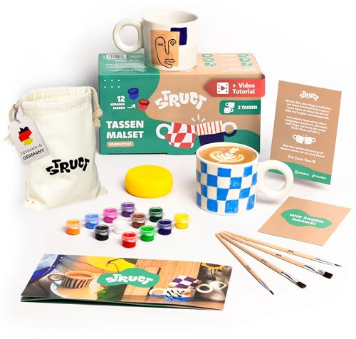 STRUCT® Keramik Bemalen Set - mit 2x großen Designer Tassen zum Bemalen für Erwachsene - (inkl. Tassen, Farben, Pinsel, Gratis-Videokurs mit Malinspiration) - Tassen Bemalen Set