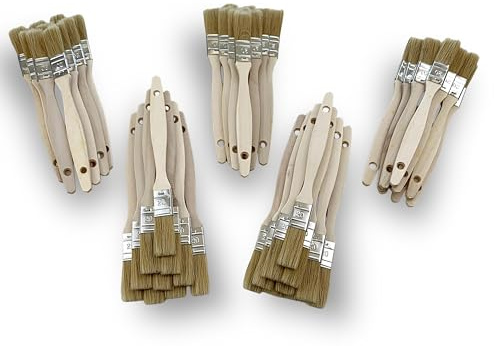 Lot de 50 pinceaux Queue de morue 20 mm | Soie Blanche Naturelle | Manche Bois Brut | Pinceaux Plats Multi-Supports | Peinture Huile, Acrylique, Vernis, lasure, Colle | Kibros 320_20x50