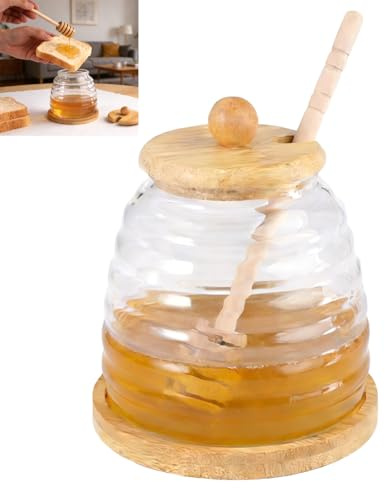 Honiggläser mit Holz Löffel, 500 ml Honigglas Transparent, Honigtopf mit Schöpfkelle, Deckel und Holzuntersetzer, Glas Honigtopf, Breiter öffnung, für Aufbewahrung von Honig, Marmelade, Sirup, Saft