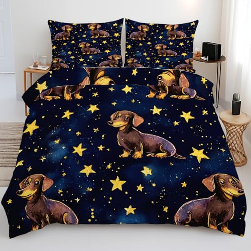 Generisch Dackel Hund Bettwäsche, Sternenhimmel Stern Bettbezug Wendebettwäsche mit Reißverschluss Weich & Bügelfrei Microfaser mit 1 Bettbezug 155x220 + 2 Kissenbezügen 80x80 A12o