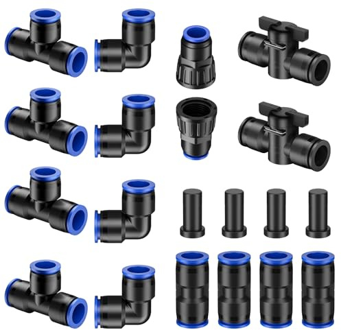 Pawfly 20-teiliges Steckverbinder-Set für 1/2 Zoll Schlauch (15,8–16 mm AD), Tropfleitungs-Set mit 4 T-Stücken, 4 Kupplungen, 4 Winkeln, 4 Endstopfen, 2 Absperrventilen & 2 Wasserhahnadaptern
