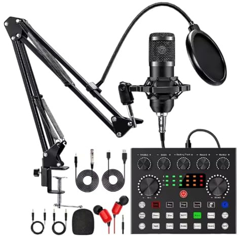 Qomcsrl BM800 V8s Attrezzatura Podcast di Podcast A Microfono A Condensatore Audio Professionale con Scheda Audio per Karaoke e Registrazione