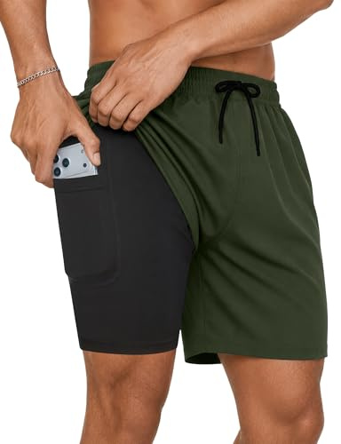 YUTYTH Mens Swim Shorts with Compression Liner Long Swimming Shorts Mens | Mens Swimming Trunks with Zip Pockets, 2 in 1 Board Shorts Quick Dry, Adjustable Waist, Holiday Essentials for Men