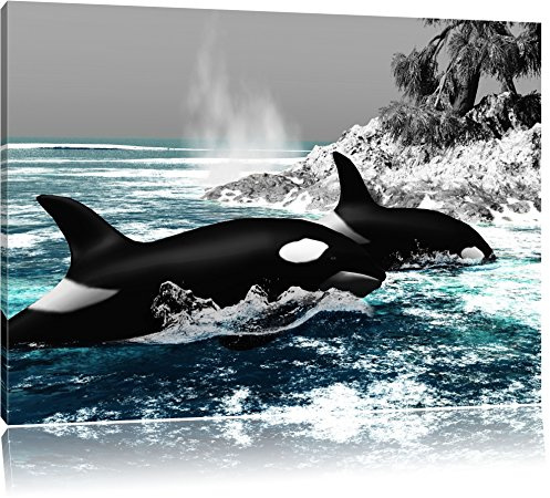 Pixxprint schöne Orcas vor Insel B&W, Größe: 100x70cm, Leinwandbild, fertig gespannt, Wandbild, Dekoration, Kunstdruck, kein Poster