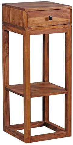 FineBuy Beistelltisch PATAN 35x35x90 cm Sheesham Massivholz Braun | Telefontisch hoch mit Ablagefach, schmale Konsole für Flur und Diele, Anstelltisch aus Echtholz, handgefertigt