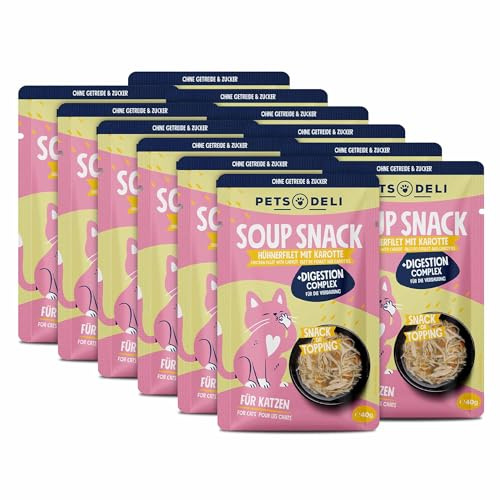 Pets Deli Suppe für Katzen mit Huhn, 12x40g | Hoher Anteil Hühnerfilet, mit ballaststoffreicher Karotte & Kamille, getreidefrei, ohne Zucker, Premium Qualität