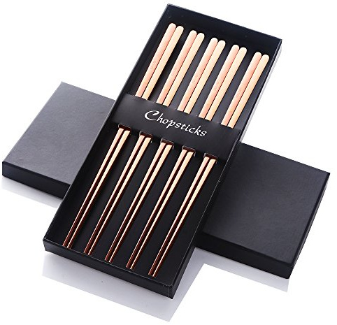 Buyer Star 5 Pares Palillos, Oro Rosa Metal de Acero Reutilizable Palillos Coreanos, Longitud 9 Acero Inoxidable 304 18/10