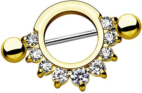 Piersando Brustwarzen Piercing Intimpiercing Nippelpiercing Brust Nippel Intim Brustwarzenpiercing Barbell Schild mit Kristallen Gold