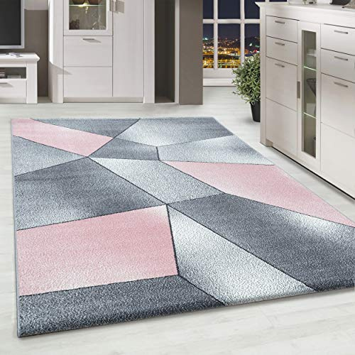 HomebyHome Teppich Wohnzimmer 80x150 cm Läufer Flur Rosa Abstrakt Geometrisch Design - Schlafzimmer Teppich Kurzflor Extra Weich Pflegeleicht Teppiche für Küche Esszimmer Jugendzimmer