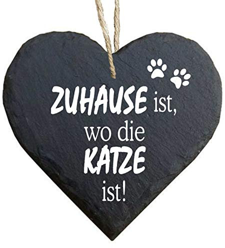 Homeyourself Herz Schieferherz Schiefer Schieferschild 10 x 10 cm Zuhause ist wo die Katze ist schwarz Dekoschild Wandschild Schild Stein Katzenschild