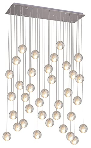 KJLARS Pendelleuchte LED Moderne Glas Kristall Hängeleuchte Höheverstellbar Lüster Dekoratives Kronleuchter für Villa Treppe Wohzimmer Esszimmer Schlafzimmer Pendellampe (36 Bälle Rectangle)