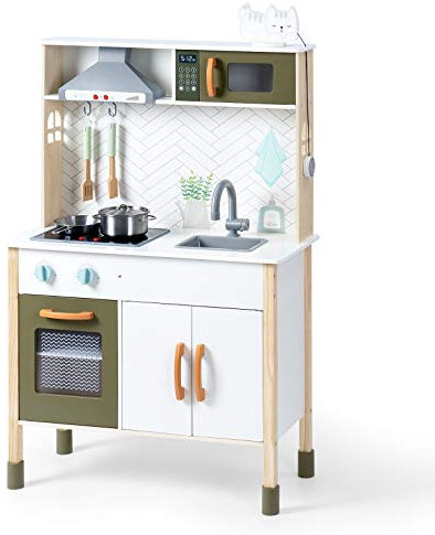 ROBUD Kinder Küche Holz mit Licht & Sound, Küchen-Kinderspielzeugsets Zubehör| Dunstabzugshaube, Mikrowellenofen, für Kinder & Kleinkinder ab 3 Jahren