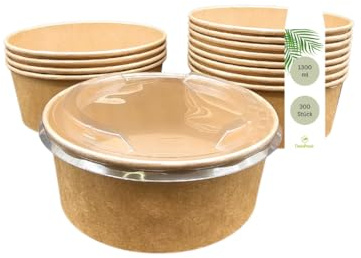 DeinPack 300 Salatschale to go mit Deckel 1300ml braun | Recycelbare Schalen, Kraftkarton Verpackung mit Innenbeschichtung, rPET Deckel wiederverwendbar