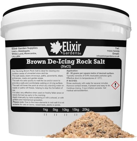 Elixir Gardens | De-Icing Rock Salt | Quantities from 1kg-20kg | From 20 sq.m-500sq.m Coverage | Perfect for Melting/Gritting Ice & Snow on Paths, Drives, Pavements & Steps | Brown De-Icer | 1kg Tub