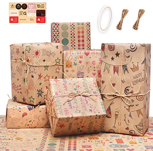 Yeestone Geburtstags-Geschenkpapier Set - 6 Stück Recycelbares Braunes Papier Mit Doppelseitigem Klebeband und 10 M Strohseil für Männer, Mädchen, Kinder - 70 x 50 cm
