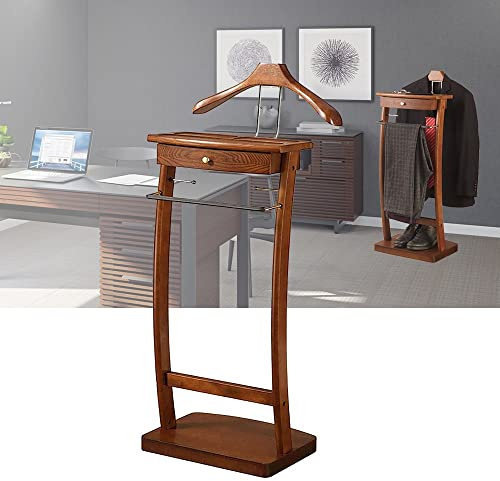 WPPTNSFY Suit Valet Stand with Tray, Wood Valet Stand for Men, Floor Standing Clothes Valet Stand, Valet Stand for Office Living Room Bed Room 44.4X30X112.2CM (Walnut)