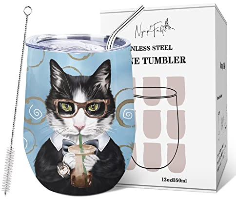NymphFable 350ml Katze Weinbecher mit Deckel und Strohhalm Edelstahl Kaffeebecher thermobecher katze to go Geschenke für Frauen
