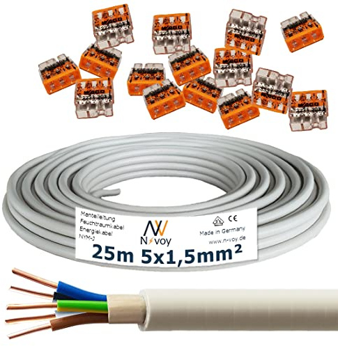 NYM-J 5x1,5 mm² 25m Mantelleitung Installationskabel mit 15 Stück Elektroklemmen M131
