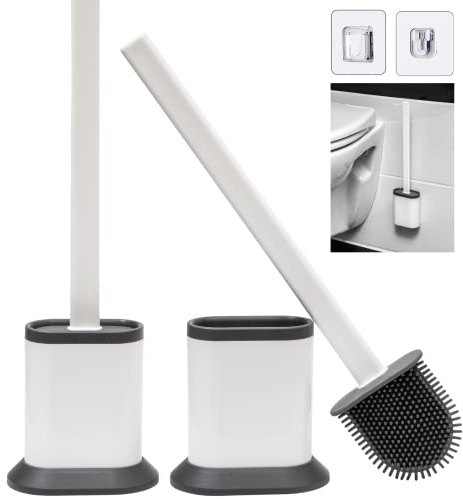 SALAROT Toilet Brush. 2 Pack Hygienic, Soft, Flexible Bristles and Quick Drying Silicone Toilet Brush with Holder. Wall Mounted Or Flat Use Loo Brush. White Elegant Design For Bathroom Cleaning Brush