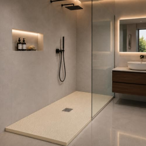 Yellowshop - Piatto doccia rettangolare in marmoresina base 70 cm h 2,5 cm HEAVY Sabbia con sifone, piletta e copripiletta inox (Cm 70x120)