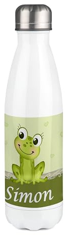 CreaDesign, Edelstahl Trinkflasche Kinder personalisiert Frosch, Weiß Thermoflasche Kinder 500ml, Wasserflasche auslaufsicher, für kohlensäurehaltige Getränke