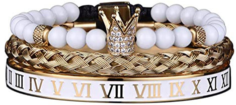 UNIQAL | Edelstahlarmband Set vergoldet ROYAL KING Mens Bracelet | Gratis Geschenk Box | Echtleder, Edelstahl, versilbert/vergoldet (WHITE)