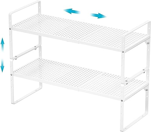 IPEGTOP 2-stöckiges Ausziehbares Schrankregal Metall, Stapelbarer Küchen Organizer & Gewürzregal, Höhenverstellbar, Schmal & Stabil für Arbeitsplatte, Schrank, Speisekammer & Bad