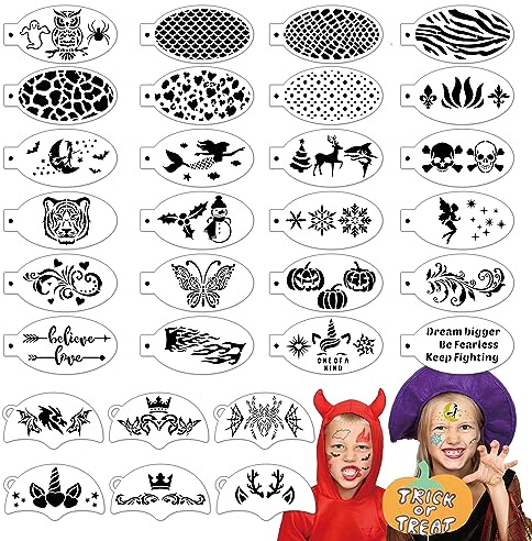 OOTSR 30 Stück Wiederverwendbare Schablonen für Kinder Erwachsene, Tattoo-Schablonen für Gesicht und Körper, Kreativität Tattoo Schablone für Halloween Schminke Partys