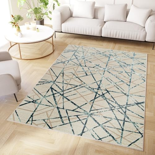 TAPISO Crystal Teppich Kurzflor Glänzend Blau Beige Linien 300 x 400 cm | Geometrisch Abstrakt 3D Effekt Wohnzimmer Schlafzimmer Modern Design OEKO-TEX