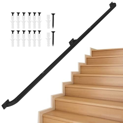 Pasamanos para escaleras Pasos para interiores y exteriores Pasamanos de tubo galvanizado industrial Pasamanos de escalera negro con soporte de pared de hierro forjado de metal fáciles de instalar ( S
