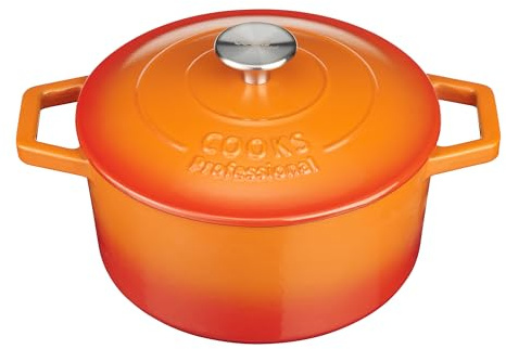 Cooks Professional 20cm Cast Iron Casserole Dish 2.8L with Lid & Handles | Colourful Modern Design Enamelled Cooking Pan Pot | Suitable For All Hobs Inc Induction | Oven & Grill Safe | Orange