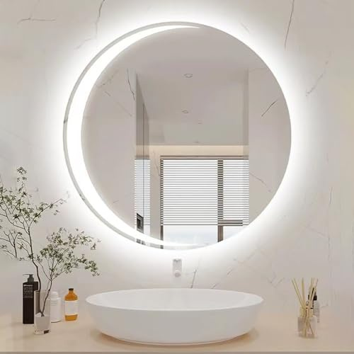 Specchio LED Rotondo A Mezzaluna, Specchio Da Parete Illuminato Con 3 Colori Dimmerabili, 60cm/70cm/80cm, HD/Prova Di Esplosione, Specchio Da Bagno Per Ingresso Camera Da Letto Soggiorno ( Color : Lef
