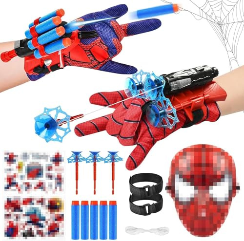 JIASHA Lot de 2 Gant de Lanceur Spiderm, Spiderm Launcher avec Masque et Autocollants Jouets de Poignet Lanceur de héros Spiderm Launcher Spiderm Gant de Cosplay en Plastique pour Enfants (D)
