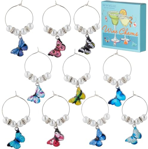 SUNNYCLUE 1 BOX 10PCS Enamel Butterfly Drink Markers Charms Wine Glass Identifier Charms Alloy Silver Colorful Butterflies Charm Identification Tags for Stem Glasses Wine Tasting Party Decor Supplies