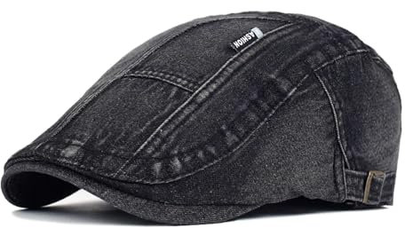 WOYUANSHA Barett Baskenmützen Für Herren Denim-Baskenmütze Gewaschene Distressed-Schirmmütze Verstellbare Baumwollkappe Vintage-Hüte Flache Kappe 59–62 cm Schwarz